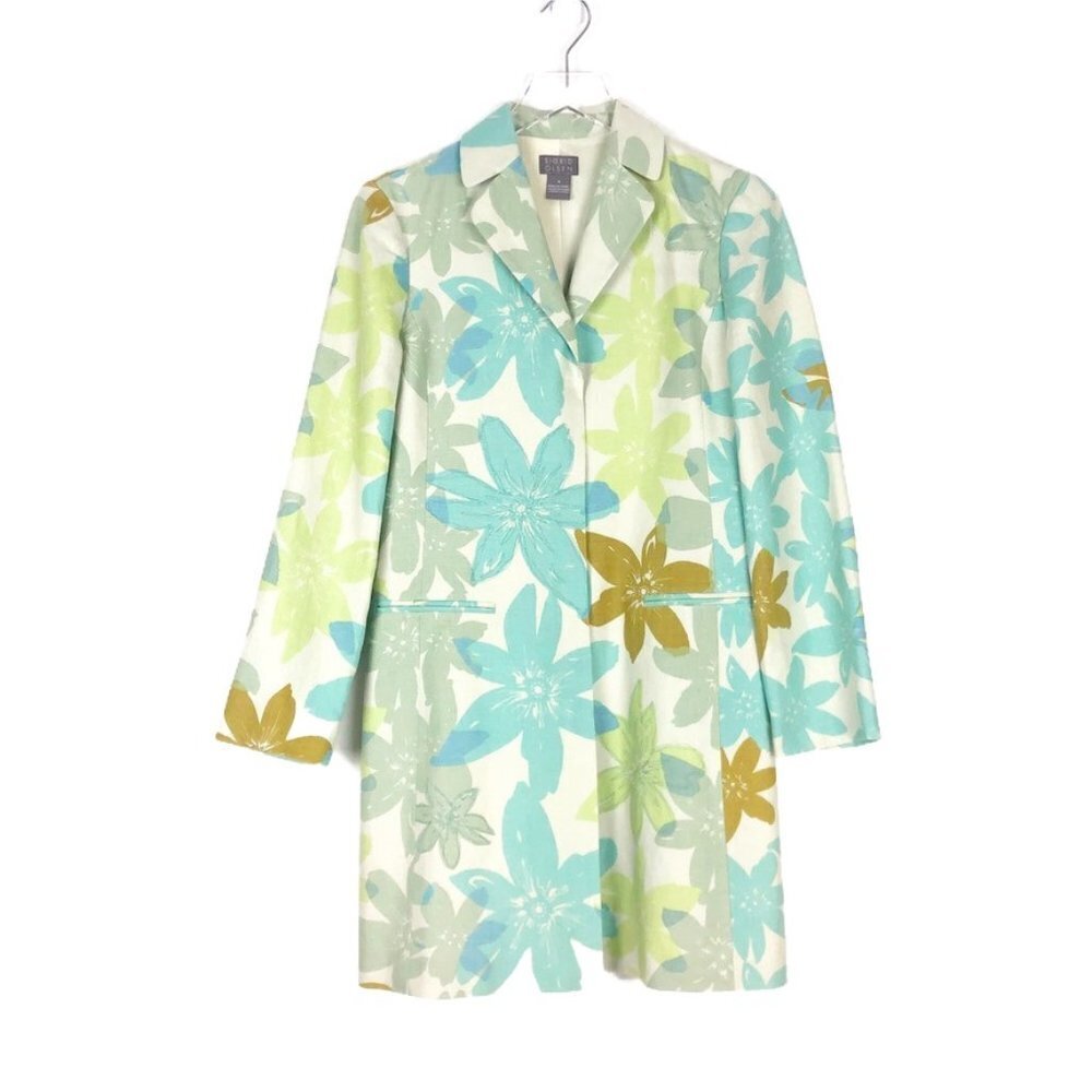 Sigrid Olsen 100% Linen Trench Car Coat Women's Size Small Retro Floral Print - Picture 13 of 13